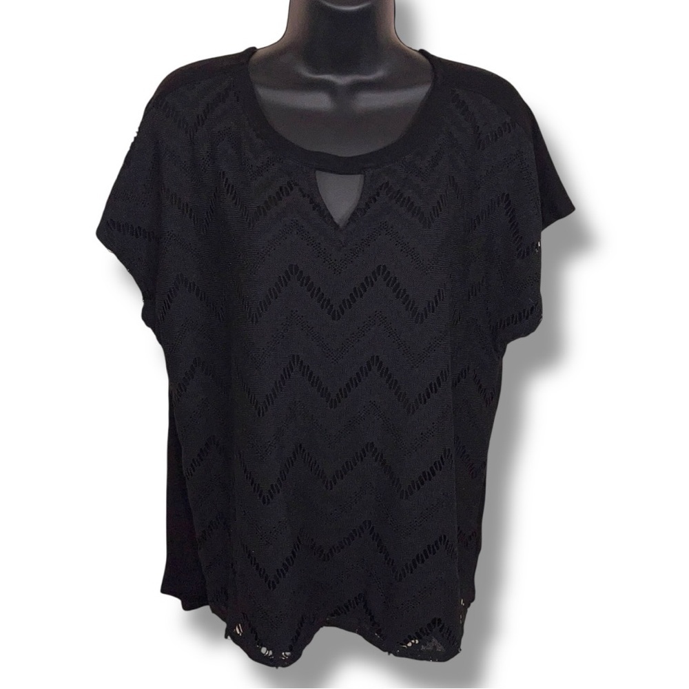 Large AB Studio Black Lace Short Sleeve Top Keyhole Neckline Stretch Goth